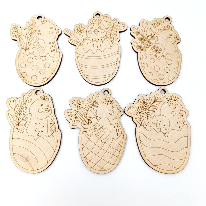 Velykiniai mediniai papuošimai spalvinimui "Viščiukai" (6 vnt) 2