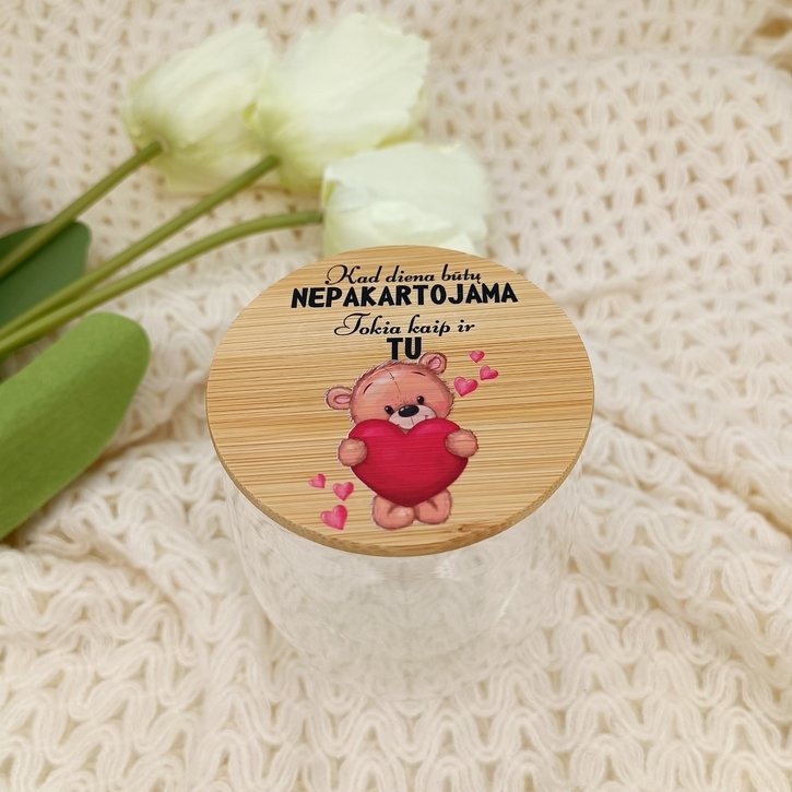 Stiklinis puodelis su dviguba sienele ir dangteliu "Mano Meile"