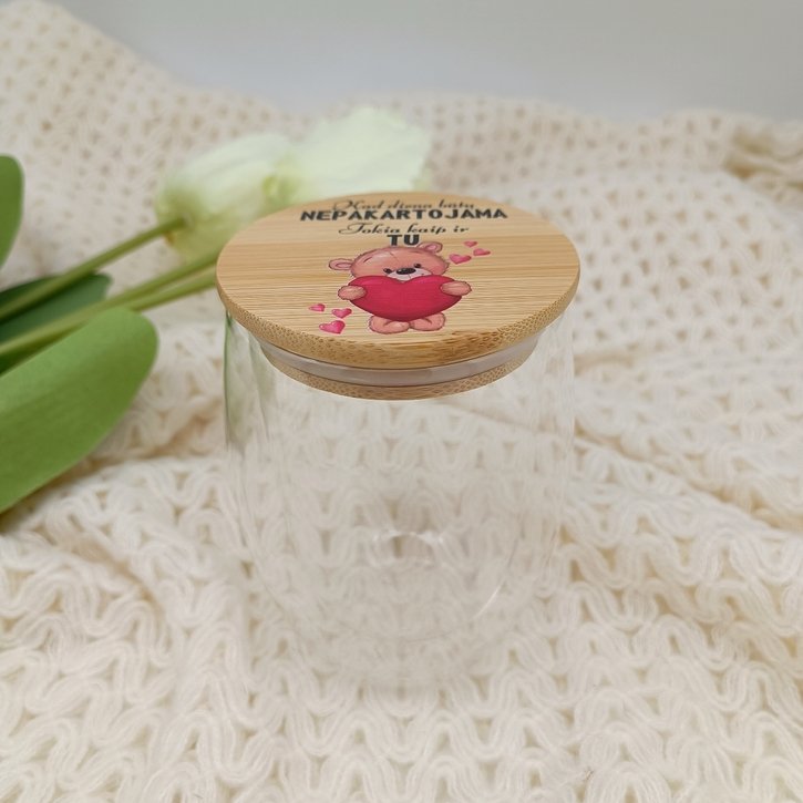 Stiklinis puodelis su dviguba sienele ir dangteliu "Mano Meile" 1