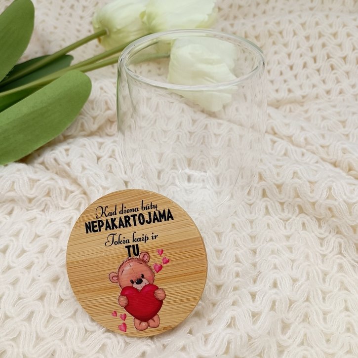 Stiklinis puodelis su dviguba sienele ir dangteliu "Mano Meile" 2
