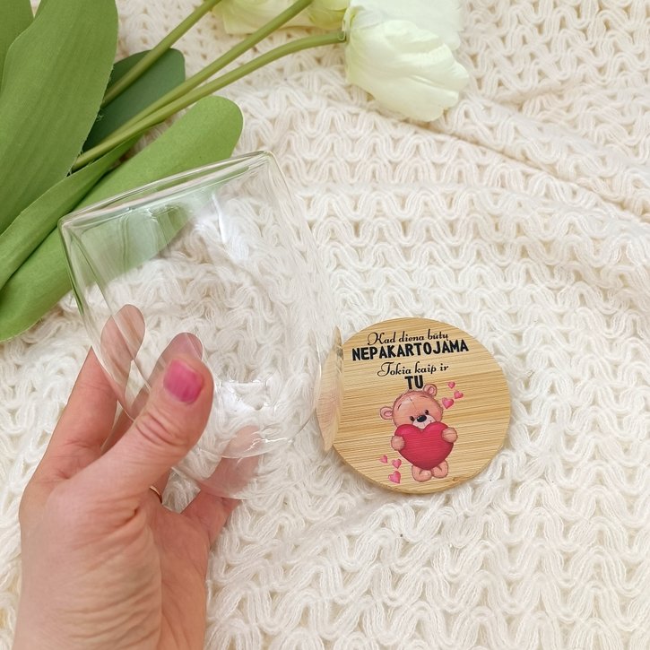 Stiklinis puodelis su dviguba sienele ir dangteliu "Mano Meile" 3