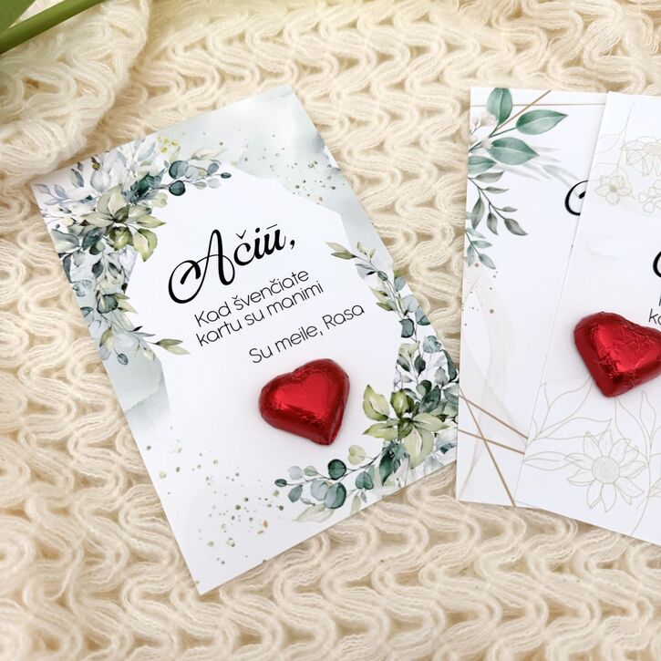 Personalizuota padėkos kortelė su šokoladine širdele 1