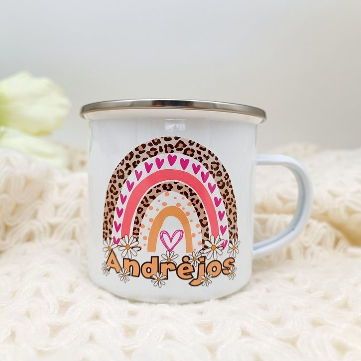 Metalinis retro puodelis "Vaivorykštė" su vardu 2