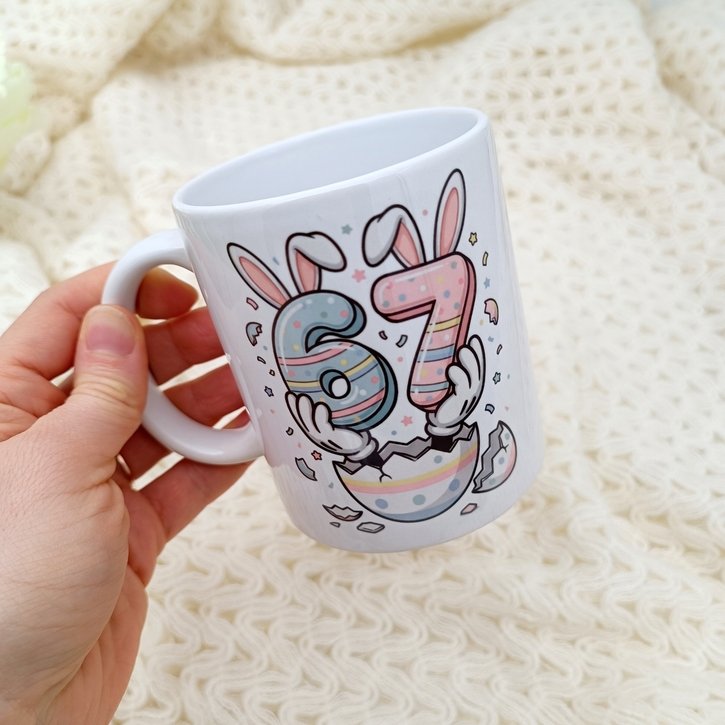 Velykinis keramikinis puodelis „67 Bunny Style“