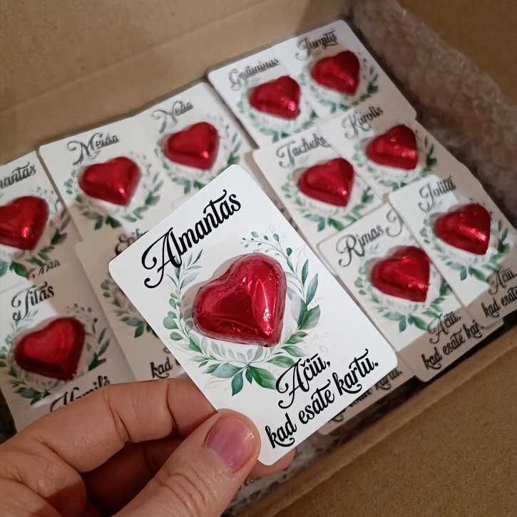 Padėkos - stalo kortelė "Meilė yra saldi" su šokoladine širdele 2