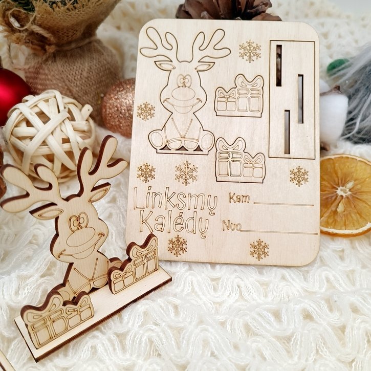 Medinė atvirutė „Linksmų Kalėdų“ su elniuku 