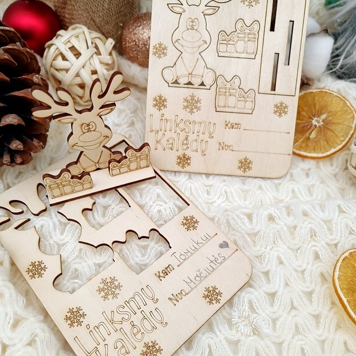 Medinė atvirutė „Linksmų Kalėdų“ su elniuku  1