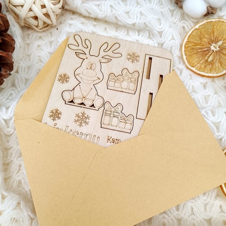 Medinė atvirutė „Linksmų Kalėdų“ su elniuku  2