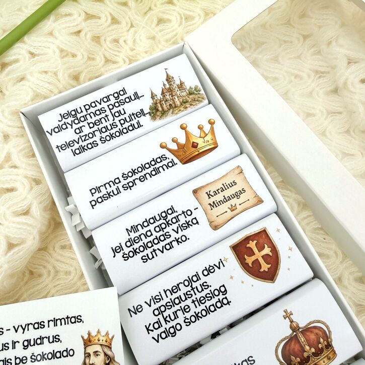 Proginis šokoladukų rinkinys Mindaugui „Karališki sprendimai“ (6 vnt. po 18 g) 2