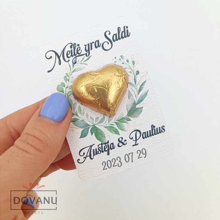 Padėkos - stalo kortelė "Meilė yra saldi" su šokoladine širdele